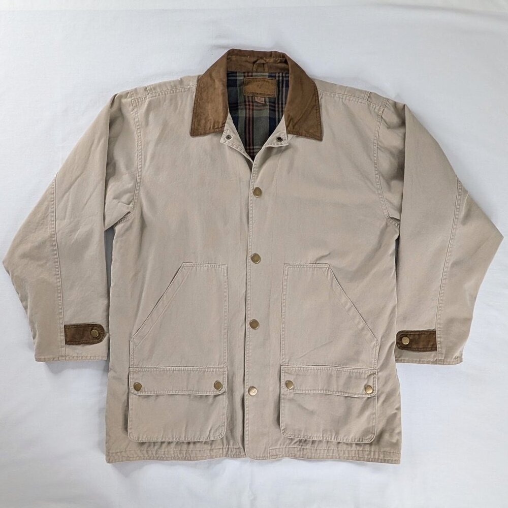 VTG Cream Khaki Multi Pocket Brown Collar Plaid Lined Barn Coat Chore Jacket